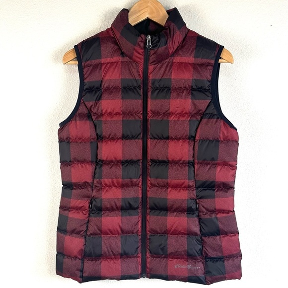 Eddie Bauer Woman’s Goose Down Puffer Vest Red Black Buffalo Plaid Medium - Picture 1 of 6